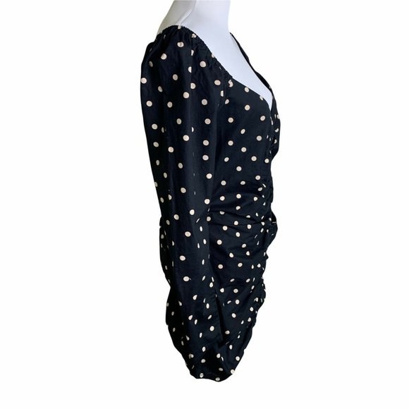 Asos Black Polka Dot Print Cotton Ruched Off The Shoulder Mini Dress Womens 10 - Picture 5 of 12